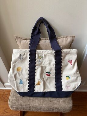 Large Canvas Embroidered Beach Tote with Scalloped Navy Trim